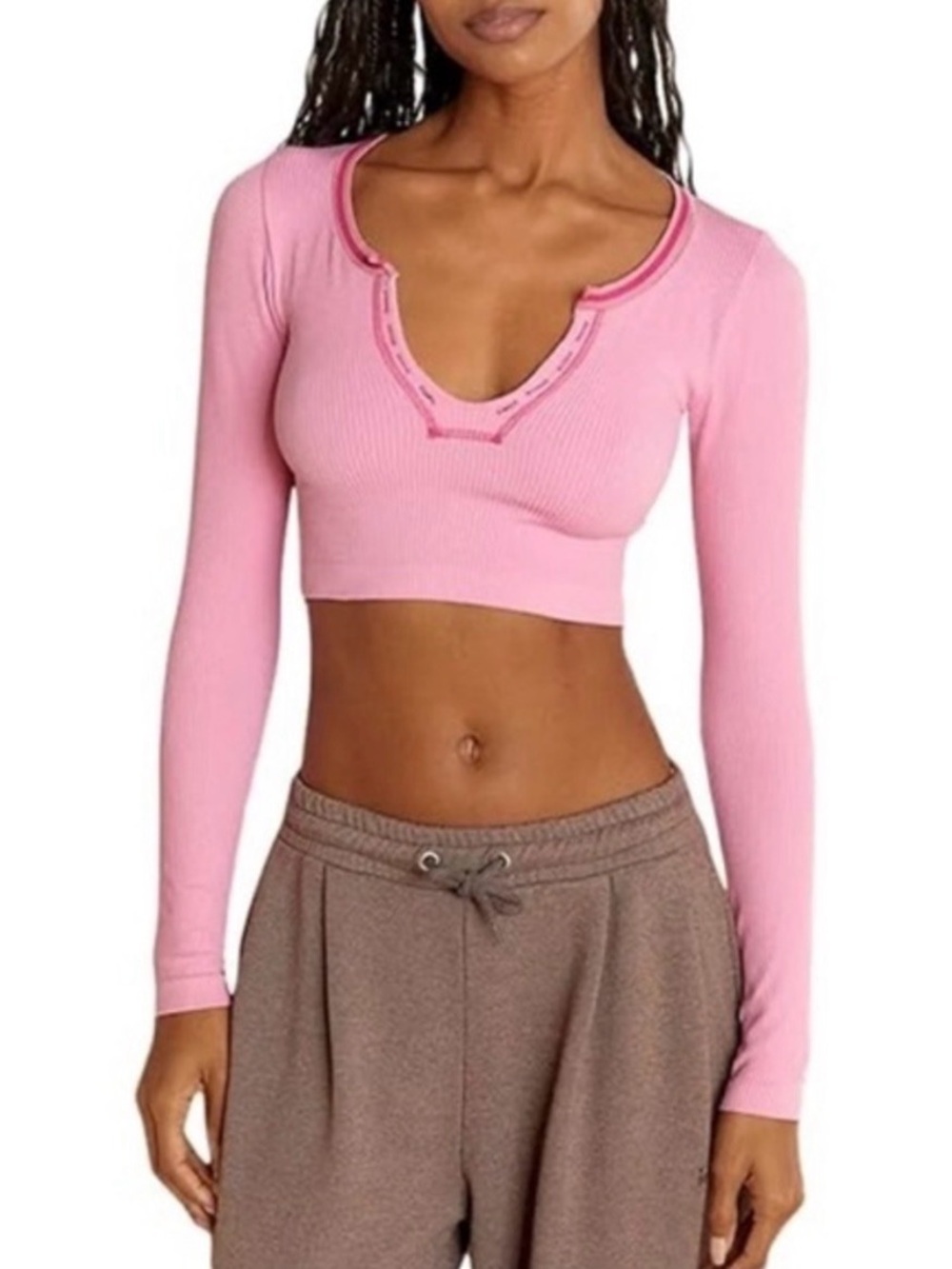 Urban Outfitters Ribbed Pink Long-Sleeve Women's Top